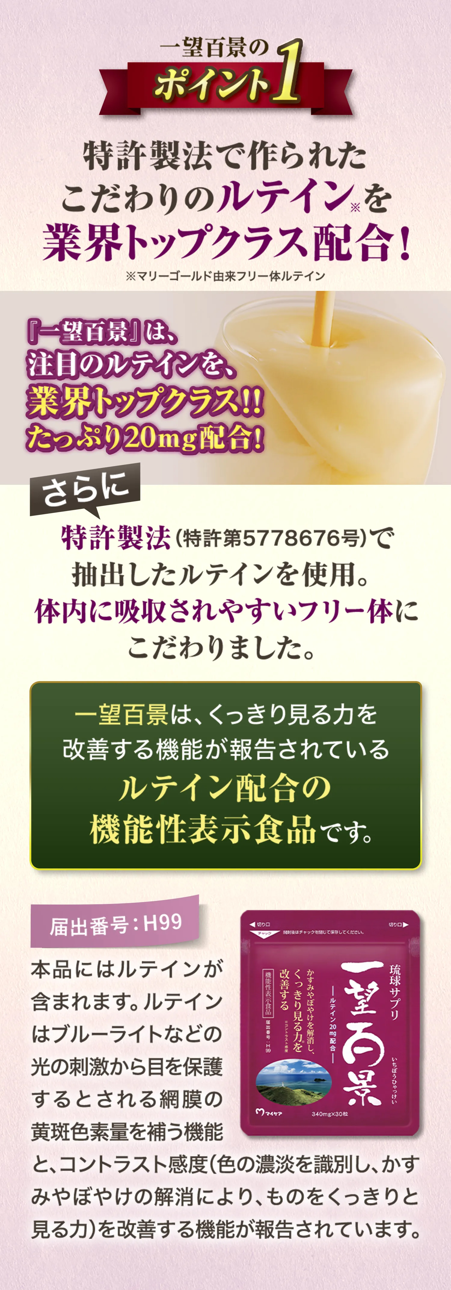 一望百景のポイント1　特許製法で作られたこだわりのルテイン※を業界トップクラス配合！※マリーゴールド由来フリー体ルテイン　『一望百景』は、注目のルテインを、業界トップクラス!!たっぷり20mg配合！さらに、特許製法（特許第5778676号）で抽出したルテインを使用。体内に吸収されやすいフリー体にこだわりました。一望百景は、くっきり見る力を改善する機能が報告されているルテイン配合の機能性表示食品です。届出番号：H99 本品にはルテインが含まれます。ルテインはブルーライトなどの光の刺激から目を保護するとされる網膜の黄斑色素量を補う機能と、コントラスト感度（色の濃淡を識別し、濃淡を識別し、かすみやぼやけの解消により、ものをくっきりと見る力）を改善する機能が報告されています。