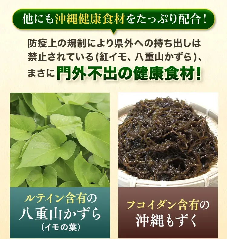 他にも沖縄健康食材をたっぷり配合！防疫上の規制により県外への持ち出しは 禁止されている(紅イモ、八重山かずら)、まさに門外不出の健康食材！ルテイン含有の八重山かずら(イモの葉)、フコイダン含有の沖縄もずく