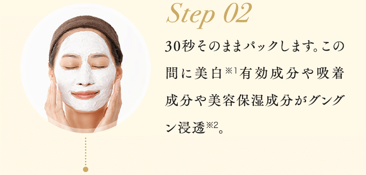 Step02 30秒そのままパックします。この間に美白※1有効成分や吸着成分や美容保湿成分がグングン浸透※2。