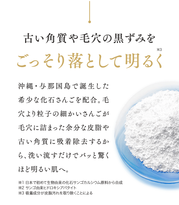 古い角質や毛穴の黒ずみをごっそり落として明るく沖縄・与那国島で誕生した希少な化石さんごを配合。毛穴より粒子の細かいさんごが毛穴に詰まった余分な皮脂や古い角質に吸着除去するから、洗い流すだけでパッと驚くほど明るい肌へ。※1 日本で初めて生物由来の化石サンゴカルシウム原料から合成※2 サンゴ由来ヒドロキシアパタイト※3 吸着成分が皮脂汚れを取り除くことによる