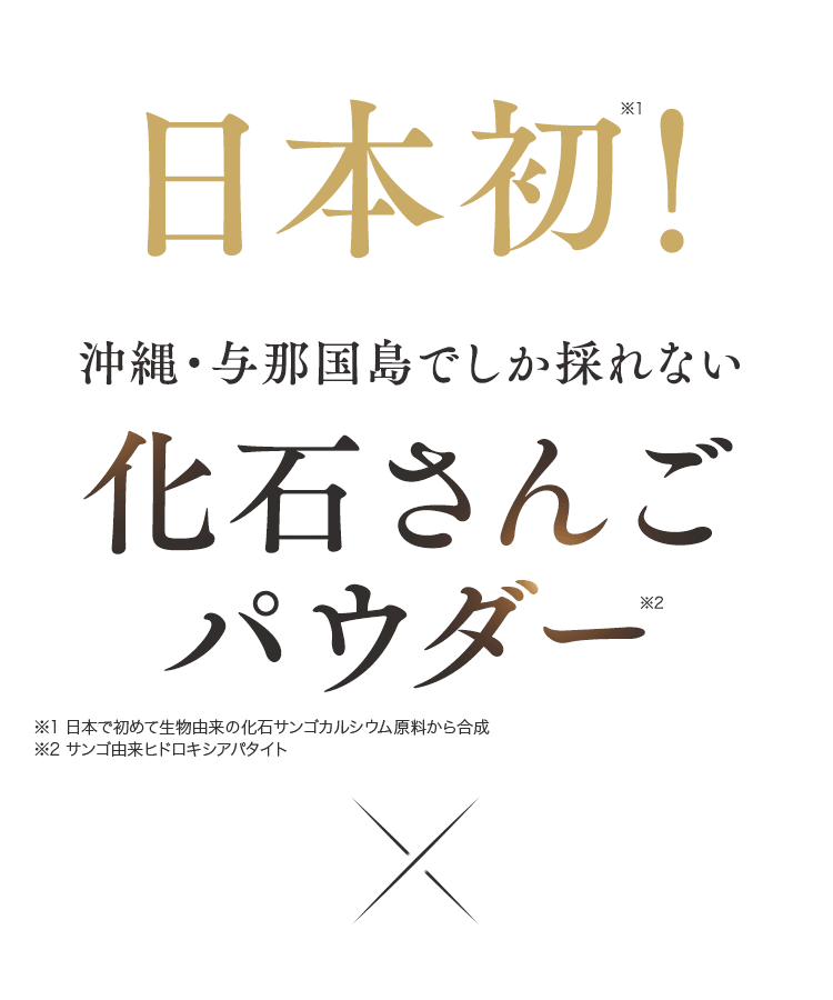 日本初!沖縄・与那国島でしか採れない化石さんごパウダー※1 日本で初めて生物由来の化石サンゴカルシウム原料から合成※2 サンゴ由来ヒドロキシアパタイト