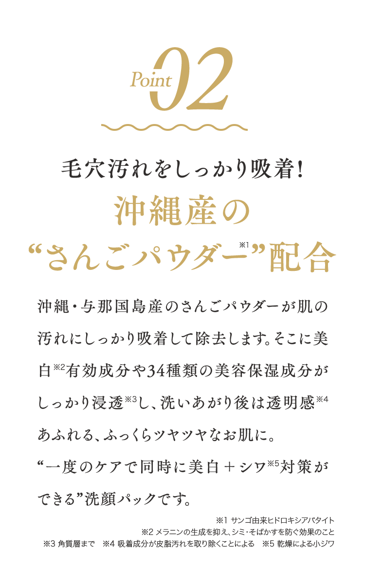 Point02 毛穴汚れをしっかり吸着!沖縄産の”さんごパウダー”配合沖縄・与那国島産のさんごパウダーが肌の汚れにしっかり吸着して除去します。そこに美白※2有効成分や34種類の美容保湿成分がしっかり浸透※3し、洗いあがり後は透明感※4あふれる、ふっくらツヤツヤなお肌に。“一度のケアで同時に美白＋シワ※5対策ができる”洗顔パックです。※1 サンゴ由来ヒドロキシアパタイト※2 メラニンの生成を抑え、シミ・そばかすを防ぐ効果のこと※3 角質層まで　※4 吸着成分が皮脂汚れを取り除くことによる　※5 乾燥による小ジワ